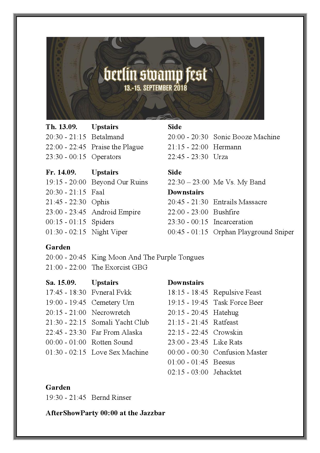 Running Order Aushang Berlin Swamp Fest 2018